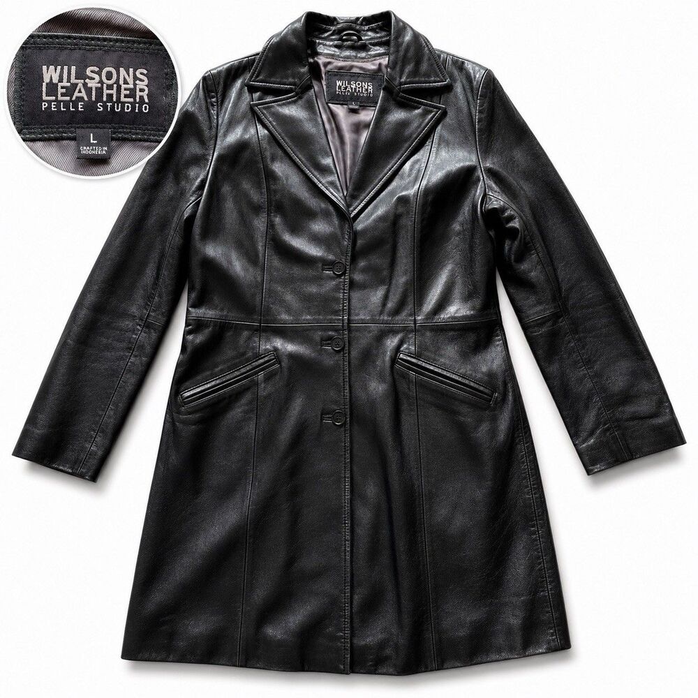 VTG Wilsons Leather Pelle Studio Women Size L Black Leather Long Coat Y2K Belted